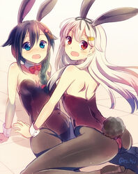  2girls :d animal_ears ass back bad_id bad_pixiv_id blonde_hair blue_hair blush braid brown_hair fake_animal_ears hair_ornament kantai_collection long_hair multiple_girls open_mouth pantyhose playboy_bunny rabbit_ears rabbit_tail red_eyes ribbon shigure_(kancolle) shigure_kai_ni_(kancolle) shimamizu_eke smile tail yuudachi_(kancolle) yuudachi_kai_ni_(kancolle) 