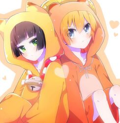  2girls :&lt; :/ animal_costume animal_hood bad_id bad_pixiv_id black_hair blue_eyes blunt_bangs blush bob_cut closed_mouth do_ri_(azukixx) green_eyes gugure!_kokkuri-san heart hood ichimatsu_kohina jimeko-san multiple_girls orange_hair v-shaped_eyebrows 