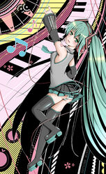  bad_id bad_pixiv_id blush detached_sleeves female hair_ribbon hatsune_miku highres instrument keyboard_(instrument) long_hair mizuki_miyu music panties ribbon solo striped_clothes striped_panties thighhighs twintails underwear very_long_hair vocaloid 