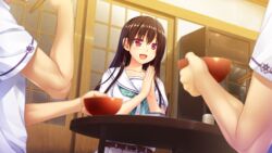  akabeisoft2 alpha boku_no_hitori_sensou brown_hair food game_cg inuduca_rumi long_hair purple_eyes seifuku 