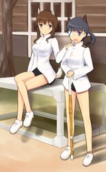  2girls animal_ears black_eyes black_hair breasts brown_eyes brown_hair buttons commentary_request dog_ears dog_girl eyepatch hand_on_shoulder medium_breasts military military_uniform multiple_girls no_pants open_mouth rasielcochma sakamoto_mio sitting standing strike_witches strike_witches:_kurenai_no_majo-tachi takei_junko uniform world_witches_series 