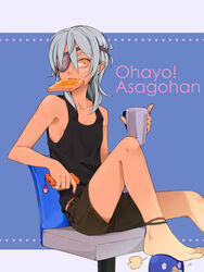  1boy androgynous anklet bad_id bad_pixiv_id barefoot bird bread bread_slice brown_shorts cellphone cup ediblepanda eyepatch food food_in_mouth grey_hair inazuma_eleven inazuma_eleven_(series) jewelry male_focus mouth_hold orange_eyes penguin phone sakuma_jirou shorts sitting solo toast toast_in_mouth 