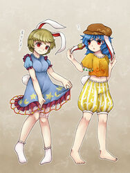  2girls :o ? animal_ears bare_legs barefoot blonde_hair bloomers blue_dress blue_hair breasts brown_hat cabbie_hat closed_mouth clothes_lift commentary_request cosplay costume_switch crescent crop_top crossed_bangs dress dress_lift earclip eyebrows floppy_ears frilled_dress frilled_shirt frilled_shorts frilled_sleeves frills gradient_background hat knees_together_feet_apart legs_apart lifting_own_clothes long_hair looking_down medium_breasts moon_print multicolored_clothes multicolored_shorts multiple_girls navel open_mouth orange_shirt outline pigeon-toed puffy_short_sleeves puffy_shorts puffy_sleeves rabbit_ears rabbit_tail raised_eyebrow red_eyes ringo_(touhou) ringo_(touhou)_(cosplay) seiran_(touhou) seiran_(touhou)_(cosplay) shirt short_hair short_sleeves shorts socks standing star_(symbol) star_print stomach striped_clothes striped_shorts sweat tail tareme touhou underwear vertical_stripes wavy_mouth white_bloomers white_footwear white_outline white_shorts yellow_shorts ys_(fall) 