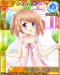  arizuki_shiina balloon blue_eyes bow brown_hair card_(medium) character_name commentary_request dress female kud_wafter little_busters! pink_bow quad_tails short_hair solo yoshikita_popuri 