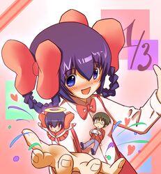  1boy 2girls ayukawa_tenri blue_eyes blush bow commentary_request diana_(kaminomi) dual_persona hair_rings hairbow halo handheld_game_console highres kamekichi_(kamekiti) kami_nomi_zo_shiru_sekai katsuragi_keima mini_person miniboy minigirl multiple_girls playstation_portable purple_hair red_eyes school_uniform serafuku 