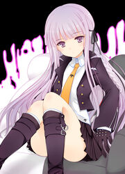  black_gloves boots braid chair commentary danganronpa:_trigger_happy_havoc danganronpa_(series) female gatakenjin gloves hair_ribbon kirigiri_kyoko knees_together_feet_apart long_hair looking_at_viewer monokuma necktie photoshop_(medium) purple_eyes purple_hair ribbon sitting skirt solo very_long_hair 