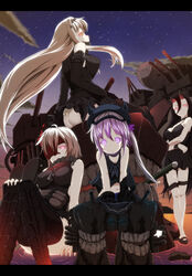  4girls abyssal_ship aircraft_carrier_water_oni armor armored_boots ascot ass bare_shoulders battleship_princess black_dress black_gloves black_hair boots breasts colored_skin commentary_request covering_own_mouth crop_top crossed_arms destroyer_princess detached_sleeves dress dusk gloves hair_ornament headgear horns kantai_collection large_breasts letterboxed long_hair looking_at_viewer machinery mask multiple_girls ne-class_heavy_cruiser neckerchief pale_skin panties pantyshot purple_eyes purple_hair ribbed_dress sailor_collar sailor_dress school_uniform serafuku shirt short_dress short_hair side_ponytail sitting sleeveless sleeveless_shirt spaghetti_strap thigh_boots thighhighs underwear very_long_hair white_hair white_panties white_skin wrwr 