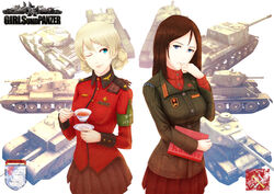  2girls adapted_costume armband black_hair black_skirt blonde_hair blue_eyes braid breasts brown_hair caterpillar_tracks centurion_(tank) chuchill_gun_carrier churchill_(tank) comet_(tank) commentary_request copyright_name crossover cup cyrillic darjeeling_(girls_und_panzer) emblem english_text epaulettes folder girls_und_panzer gloves green_jacket highres holding is-2 isu-152 jacket kv-2 large_breasts light_smile long_hair long_sleeves looking_at_viewer military military_uniform military_vehicle miniskirt motor_vehicle multiple_girls name_tag nonna_(girls_und_panzer) one_eye_closed ooarai_(emblem) parted_lips photoshop_(medium) pleated_skirt pravda_(emblem) pravda_school_uniform red_jacket red_shirt russian_text saucer school_uniform shirt short_hair simple_background skirt st._gloriana&#039;s_(emblem) st._gloriana&#039;s_military_uniform standing swept_bangs t-34 tank tea teacup tied_hair translated turretless_tank turtleneck twin_braids uniform upper_body white_background world_of_tanks yuukou 