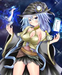  blue_eyes blue_hair blush breasts cleavage condom detached_sleeves duel_angel duel_monster erial_priestess_of_the_nekroz eyebrows eyelashes female female hat hat_ornament highres looking_at_viewer mirror solo wizard_hat yu-gi-oh! yuu-gi-ou_duel_monsters 