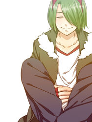  1boy ak1_23 akame_ga_kill! closed_eyes closed_mouth coat commentary_request fingerless_gloves gloves goggles goggles_on_head green_hair hair_over_one_eye long_sleeves lubbock male_focus sitting smile solo white_background 