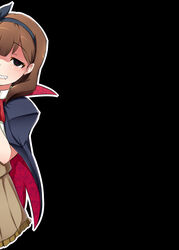  bad_id bad_pixiv_id blue_eyes blush brown_hair cape crazy_eyes female grin hair_ribbon hanabi_(ocha) heart heart-shaped_pupils idolmaster idolmaster_cinderella_girls looking_at_viewer oerba_yun_fang peeking_out peeping ribbon sakuma_mayu short_hair smile solo symbol-shaped_pupils yandere 