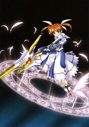  absurdres feathers female fingerless_gloves full_body gloves hair_ribbon highres holding holding_weapon lyrical_nanoha magic magic_circle magical_girl mahou_shoujo_lyrical_nanoha mahou_shoujo_lyrical_nanoha_the_movie_1st purple_eyes raising_heart raising_heart_(cannon_mode) red_hair ribbon shoes solo takamachi_nanoha takamachi_nanoha_(movie_1st_mode) twintails weapon white_ribbon winged_footwear wings 