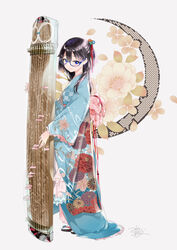  black_hair blue-framed_eyewear blue_eyes blue_kimono cherry_blossoms closed_mouth commentary_request crescent_moon female floral_background floral_print flower from_side full_body furisode glasses grey_background hair_between_eyes hair_ornament half_updo hiki_furisode instrument japanese_clothes kimono koto_(instrument) long_hair long_sleeves looking_at_viewer miyabi_akino moon nadeshiko_doremisora petals sandals semi-rimless_eyewear signature smile solo standing togawa_kano under-rim_eyewear white_background wide_sleeves 