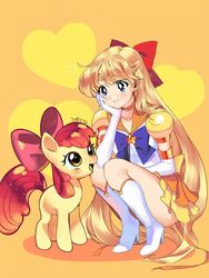  accessory_connection aino_minako apple_bloom_(mlp) back_bow bishoujo_senshi_sailor_moon bishoujo_senshi_sailor_moon_stars blonde_hair blue_bow blue_eyes blush boots bow breasts bright_pupils brooch choker color_connection colored_skin crossover earrings elbow_gloves eye_contact female from_side full_body gloves grin hairbow half_updo hand_on_own_cheek hand_on_own_face happy heart heart_background high_heel_boots high_heels jewelry juby knee_boots layered_skirt legs_together long_hair looking_at_another looking_down looking_up magical_girl miniskirt my_little_pony my_little_pony:_friendship_is_magic orange_background orange_choker orange_eyes orange_sailor_collar orange_skirt orange_theme parted_bangs pink_bow pleated_skirt pony_(animal) red_bow red_hair ribbon sailor_collar sailor_senshi_uniform sailor_venus shadow signature skirt small_breasts smile spoken_heart squatting star_(symbol) star_brooch star_choker stud_earrings super_sailor_venus_(stars) thighs trait_connection very_long_hair white_footwear white_gloves white_pupils yellow_bow yellow_skin yellow_skirt 