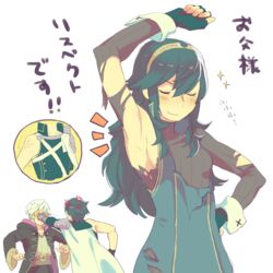  2boys aisutabetao anger_vein arm_up armpits blue_hair cape chrom_(fire_emblem) closed_eyes commentary_request eye_poke father_and_daughter female fire_emblem fire_emblem_awakening fire_emblem_heroes grey_hair long_hair long_sleeves lucina_(fire_emblem) multiple_boys poking robin_(fire_emblem) robin_(male)_(fire_emblem) shirt smile smug tiara torn_clothes torn_shirt torn_sleeve translated 