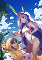  1boy 3girls animal_ears beach bikini blue_bikini blue_sky breasts commentary_request contrail covered_navel dark-skinned_female dark_skin day dutch_angle earrings facial_mark fate/grand_order fate_(series) food fox_ears fujimaru_ritsuka_(female) fujimaru_ritsuka_(male) hair_tubes hat highres holding_hands hood hoop_earrings jewelry long_hair low-tied_long_hair medium_breasts medium_hair medjed_(fate) multiple_girls nitocris_(fate) nitocris_(swimsuit_assassin)_(fate) nitocris_(swimsuit_assassin)_(second_ascension)_(fate) one-piece_swimsuit orange_hair outdoors pg_(pgouwoderen) popsicle purple_eyes purple_hair shaded_face shovel sidelocks sky sparkle sun_hat swimsuit tamamo_(fate) tamamo_no_mae_(swimsuit_lancer)_(fate) very_long_hair vimana white_one-piece_swimsuit 