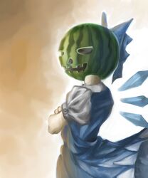  bad_id bad_pixiv_id blue_dress bow cirno commentary crossed_arms dress female food fruit hairbow halloween halloween_costume ice ice_wings jack-o&#039;-lantern jack-o&#039;-lantern_head melon nagayo puffy_short_sleeves puffy_sleeves shirt short_sleeves solo touhou unconventional_jack-o&#039;-lantern wings 