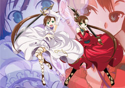  2girls bare_shoulders brown_hair choker commentary_request dress elbow_gloves frilled_dress frills gloves green_eyes highres long_hair magical_girl mahou_shoujo_kazumi_magica mahou_shoujo_madoka_magica multiple_girls ponytail side_ponytail souju_ayase souju_luca sword weapon yukimura_kaname zoom_layer 