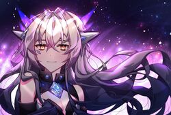  bad_id bad_pixiv_id breasts cleavage code:_sariel_(elsword) detached_sleeves elsword eve_(elsword) female floating_hair grey_hair hair_between_eyes highres jtlo123412 long_hair looking_at_viewer orange_eyes small_breasts solo upper_body very_long_hair 