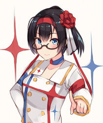  akizuki_(kancolle) akizuki_ritsuko akizuki_ritsuko_(cosplay) bad_id bad_pixiv_id black-framed_eyewear black_hair blue_eyes blush choker cosplay female flower glasses hair_flower hair_ornament hairband highres hiiragi_hazime idolmaster idolmaster_(classic) idolmaster_movie kantai_collection looking_at_viewer name_connection pointing semi-rimless_eyewear smile solo starpiece_memories_(idolmaster) under-rim_eyewear upper_body 