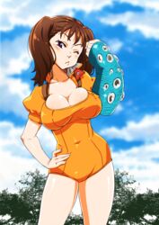  breasts brown_hair cleavage date_naoto diane_(nanatsu_no_taizai) female fingerless_gloves giantess gloves large_breasts leotard looking_at_viewer nanatsu_no_taizai purple_eyes thighs twintails wink 