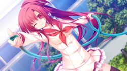  flat game_cg hikoukigumo_no_mukougawa long_hair mishio_eiri ponytail purinko red_eyes red_hair seifuku skirt tree wink 