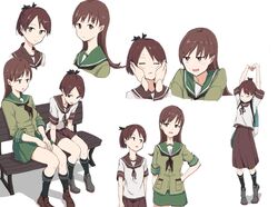  2girls adapted_costume bad_id bad_twitter_id bench black_ribbon black_socks blush brown_eyes brown_hair brown_sailor_collar brown_skirt cheek_press commentary_request full_body green_sailor_collar green_serafuku green_skirt hair_ribbon hand_on_own_hip hands_on_another&#039;s_face highres kantai_collection kneehighs long_hair long_skirt looking_at_viewer mikiki multiple_girls multiple_views neckerchief on_bench ooi_(kancolle) pleated_skirt ponytail ribbon sailor_collar school_uniform serafuku shikinami_(kancolle) short_hair short_ponytail short_sleeves simple_background sitting skirt socks standing stretching white_background 