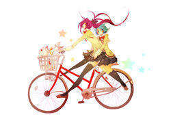  2girls bad_id bad_pixiv_id basket bicycle bicycle_basket black_socks black_thighhighs blue_eyes blue_hair blush bow bowtie floating_hair hair_ornament hairclip highres hug hug_from_behind in_basket juliet_sleeves kneehighs kyuubee long_hair long_legs long_sleeves looking_at_viewer looking_to_the_side mahou_shoujo_madoka_magica mahou_shoujo_madoka_magica_(anime) miki_sayaka mitakihara_school_uniform mmco multiple_girls multiple_riders outstretched_leg pillion plaid plaid_skirt ponytail profile puffy_sleeves red_bow red_bowtie red_eyes riding sakura_kyoko school_uniform short_hair sidesaddle simple_background skirt socks star_(symbol) thighhighs white_background 