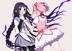  2girls akemi_homura akemi_homura_(magical_girl) bad_id bad_pixiv_id black_hair blush braid gloves hair_ribbon hairband holding_hands kaname_madoka kaname_madoka_(magical_girl) long_hair magical_girl mahou_shoujo_madoka_magica mahou_shoujo_madoka_magica_(anime) momo_uzura multiple_girls pantyhose pink_hair purple_eyes ribbon short_hair tears twintails 