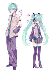  1boy :t amezawa_koma aqua_eyes aqua_hair blush boots collaboration commentary_request detached_sleeves dual_persona eruria female genderswap_(ftm) gloves hair_ornament hand_on_own_hip hatsune_miku hatsune_mikuo headphones headset high_heels highres long_hair necktie rule_63 shoes short_hair simple_background skirt thigh_boots thighhighs translated twintails very_long_hair vocaloid zettai_ryouiki 