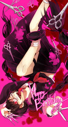  black_hair blood braid commentary_request danganronpa:_trigger_happy_havoc danganronpa_(series) dual_wielding female fukawa_toko genocider_shou glasses glowing glowing_eyes happy_birthday holding long_hair mei_luo open_mouth pink_blood red_eyes school_uniform scissors serafuku solo thigh_strap tongue twin_braids upside-down 