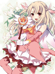  :d ascot black_thighhighs blonde_hair boots commentary_request detached_sleeves fate/kaleid_liner_prisma_illya fate_(series) feather_hair_ornament feathers female floating_hair gloves hair_between_eyes hair_ornament holding illyasviel_von_einzbern layered_skirt long_hair looking_at_viewer magical_girl magical_ruby mysterymiharu open_mouth photoshop_(medium) pink_feathers pink_footwear prisma_illya red_eyes skirt smile solo thigh_boots thighhighs two_side_up white_background white_gloves yellow_ascot 