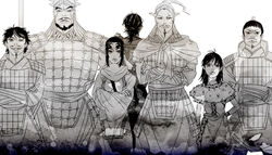  2girls 5boys armor beard bihei_(kingdom) black_hair chinese_armor commentary_request en_(kingdom) facial_hair gakurai_(kingdom) headband helmet ibarayama_(zerotea) karyou_ten kingdom_(series) kyoukai_(kingdom) long_hair manly monochrome moustache multiple_boys multiple_girls ponytail scar scarf shin_(kingdom) short_hair sosui_(kingdom) 