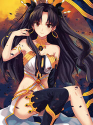  arm_strap asymmetrical_legwear asymmetrical_sleeves black_bow black_hair black_thighhighs bow breasts choker cleavage collarbone commentary_request detached_sleeves earrings fate/grand_order fate_(series) female floating_hair hairbow invisible_chair ishtar_(fate) jewelry long_hair looking_at_viewer medium_breasts midriff mysterymiharu navel photoshop_(medium) red_eyes single_thighhigh sitting smile solo stomach strapless thighhighs two_side_up uneven_legwear uneven_sleeves very_long_hair 