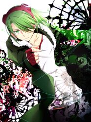  1boy akame_ga_kill! coat commentary_request fingerless_gloves gloves goggles goggles_on_head green_eyes green_hair hair_over_one_eye long_sleeves lubbock male_focus solo tsukimori_usako wire 