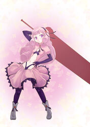  boots bow commentary_request elbow_gloves female flat_chest gloves hair_ornament headband heart heart_hair_ornament highres huge_weapon long_hair magical_girl mahou_shoujo_kazumi_magica mahou_shoujo_madoka_magica midriff open_mouth pink_eyes pink_hair skirt skirt_set solo stuffed_animal stuffed_toy sword teddy_bear thighhighs wakaba_mirai wavy_hair weapon yukimura_kaname 