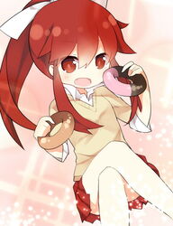  commentary_request crossed_legs doughnut female food long_hair moe_musume oerba_yun_fang open_mouth parody pixiv ponytail red_eyes red_hair saru school_uniform skirt solo 