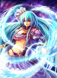  blue_hair breasts commentary_request edobox fantasy female highres long_hair magic mamatoto medium_breasts midriff nalzgis navel outstretched_hand solo underboob yellow_eyes 