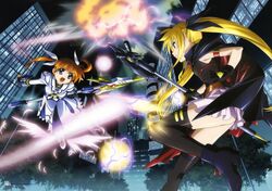  2girls absurdres bardiche_(axe_form)_(nanoha) bardiche_(nanoha) battle black_thighhighs boots brown_hair duel explosion fate_testarossa fate_testarossa_(movie_1st_form) fingerless_gloves gloves highres jpeg_artifacts long_hair lyrical_nanoha magic magical_girl mahou_shoujo_lyrical_nanoha mahou_shoujo_lyrical_nanoha_the_movie_1st multiple_girls okuda_yasuhiro open_mouth purple_eyes raising_heart raising_heart_(cannon_mode) red_eyes ribbon takamachi_nanoha takamachi_nanoha_(movie_1st_mode) thighhighs twintails 