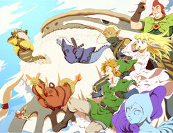  3boys 3girls bad_id bad_pixiv_id beard blonde_hair blue_eyes blue_hair commentary_request dragon earrings facial_hair fi_(zelda) ghirahim gloves groose hat highres impa jewelry levias link long_hair multiple_boys multiple_girls pointy_ears princess_zelda red_eyes red_hair saiba_(henrietta) sky smile the_legend_of_zelda the_legend_of_zelda:_skyward_sword white_hair 