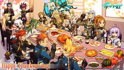  4girls 6+boys acura_(gunvolt) alcohol asimov_(gunvolt) azure_striker_gunvolt black_hair blonde_hair brown_hair carrera_(gunvolt) daytona_(gunvolt) elise_(gunvolt) food gino_(gunvolt) gunvolt hair_over_one_eye hatakeyama_yoshitaka highres jota_(gunvolt) joule_(gunvolt) lumen_(gunvolt) merak_(gunvolt) monica_(gunvolt) multicolored_hair multiple_boys multiple_girls official_art pantera_(gunvolt) purple_hair shiden_(gunvolt) silver_hair stratos_(gunvolt) sunglasses thanksgiving turkey_(food) two-tone_hair white_hair 