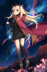  asymmetrical_legwear asymmetrical_sleeves birdcage black_dress black_thighhighs blonde_hair blue_fire blush bow cage cliff cloak commentary dress dual_wielding earrings english_commentary ereshkigal_(fate) expressionless fate/grand_order fate_(series) female fire floating_cape floating_clothes floating_hair flower from_behind from_below from_ground gold_footwear hairbow half-closed_eyes high_heels highres hitodama holding holding_cage holding_weapon hood hood_down hooded_cloak jewelry long_hair long_sleeves looking_at_viewer looking_back meslamtaea_(weapon) night night_sky outdoors parted_bangs pink_flower pumps red_bow red_cloak red_eyes reverse_grip short_dress single_sleeve single_thighhigh sky solo spirit standing star_(sky) starry_sky thighhighs tiara two-sided_cloak two-sided_fabric two_side_up very_long_hair weapon yellow_cloak yellow_footwear yorktown_cv-5 