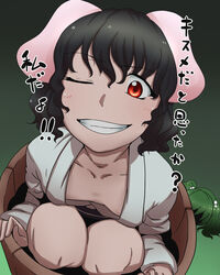  animal_ears bakuya black_hair bucket commentary_request cosplay female flat_chest grin highres in_bucket in_container inaba_tewi kisume kisume_(cosplay) meme one_eye_closed rabbit_ears red_eyes short_hair smile solo too_bad!_it_was_just_me!_(meme) touhou translated trolling wig wooden_bucket 