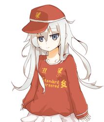  casual commentary_request england english_text female hat hibiki_(kancolle) kantai_collection liverpool_fc long_hair premier_league soccer soccer_uniform solo sportswear white_hair yukki_(through0101) 