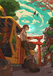  bandages bandaid bird boots bridge brown_hair car cherry_blossoms cliff commentary_request contest_winner expressionless female foreshortening from_below garsuke hand_in_pocket highres lara_croft long_hair looking_away motor_vehicle outdoors overgrown pants petals pixiv_tomb_raider_contest ponytail power_lines sky solo tomb_raider tomb_raider_(reboot) torii tree 