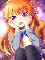  403_(artist) black_thighhighs blazer blush bow bowtie commentary_request female gekkan_shoujo_nozaki-kun hairbow heart jacket long_hair long_sleeves open_mouth orange_hair polka_dot polka_dot_bow purple_eyes rouman_academy_school_uniform sakura_chiyo school_uniform shirt solo squatting star_(symbol) thighhighs white_shirt 