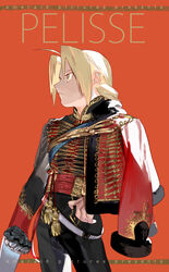  1boy ahoge black_pants blonde_hair braid braided_ponytail contrapposto cowboy_shot edward_elric emmmerald fullmetal_alchemist hand_on_own_hip highres jacket male_focus md5_mismatch mechanical_arms military military_uniform open_clothes open_jacket pants parted_bangs pelisse red_background red_jacket simple_background single_braid single_mechanical_arm solo standing uniform yellow_eyes 