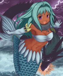  abs anchor bad_id bad_pixiv_id breasts commentary_request dark_skin dual_persona female gloves green_hair jewelry large_breasts levia-san leviathan_(mythology) lightning mawaru_(mawaru) mermaid monster monster_girl namiuchigiwa_no_muromi-san necklace oerba_yun_fang purple_eyes scales toned 