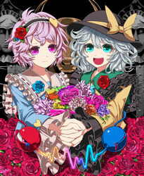  2girls :d blood blue_flower blue_rose bouquet brazen_bull commentary_request eyeball flower fuji_hyorone green_eyes grey_hair hairband hat heart holding_hands iron_maiden komeiji_koishi komeiji_satori light_smile multiple_girls open_mouth pink_eyes pink_flower pink_hair pink_rose purple_eyes purple_flower purple_hair purple_rose red_flower red_rose rose short_hair siblings sisters smile third_eye touhou upper_body yellow_flower yellow_rose 