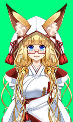  amino_dopple animal_ear_fluff animal_ears bangs bell blonde_hair blue_eyes blunt_bangs blush breasts closed_mouth ears_through_headwear eyebrows_visible_through_hair fox_ears fox_tail green_background hair_bell hair_ornament hood hood_up jingle_bell large_breasts long_hair long_sleeves looking_at_viewer low_twintails off_shoulder original red-framed_eyewear semi-rimless_eyewear short_eyebrows smile solo tail twintails under-rim_eyewear upper_body 